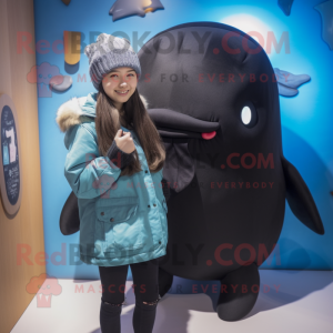 Black Narwhal mascot costume character dressed with a Parka and Hair clips