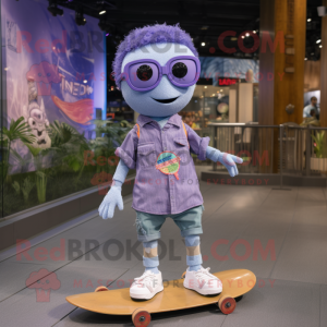 Lavender Skateboard mascot costume character dressed with a Denim Shorts and Eyeglasses