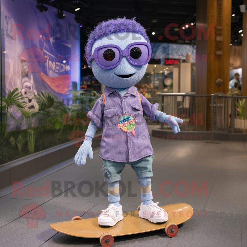 Lavender Skateboard mascot costume character dressed with a Denim Shorts and Eyeglasses