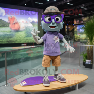 Lavender Skateboard mascot costume character dressed with a Denim Shorts and Eyeglasses