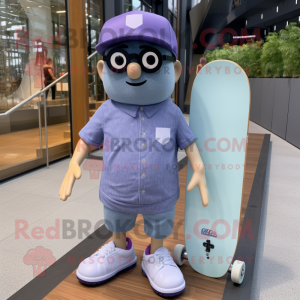 Lavender Skateboard mascot costume character dressed with a Denim Shorts and Eyeglasses