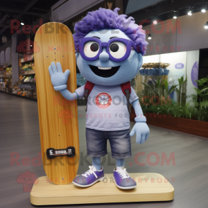 Lavender Skateboard mascot costume character dressed with a Denim Shorts and Eyeglasses