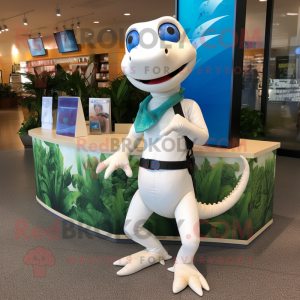 White Lizard mascot costume character dressed with a Bikini and Messenger bags