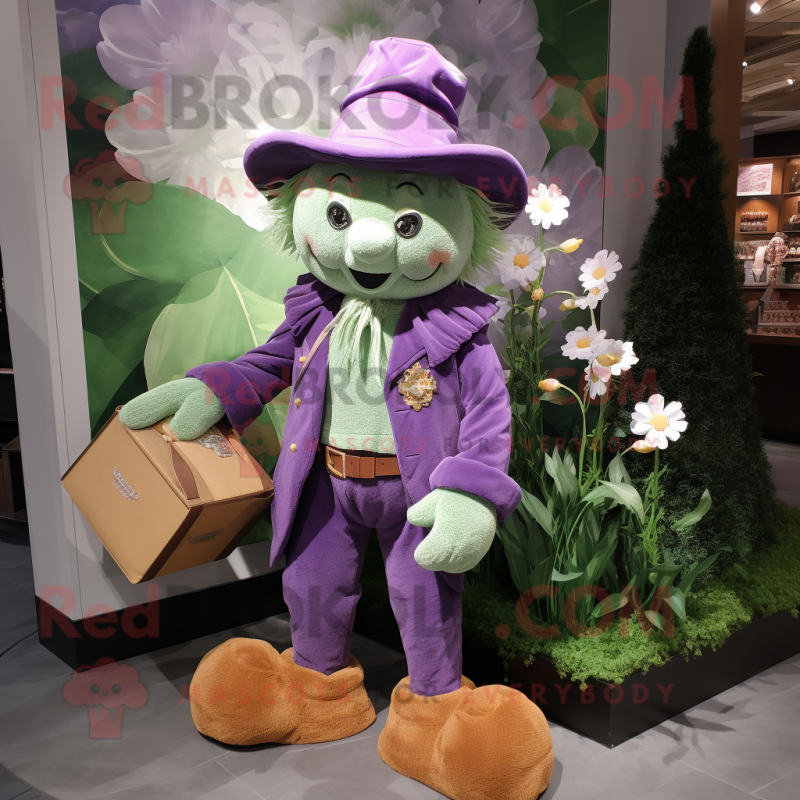 Lavender Leprechaun mascot costume character dressed with a Corduroy Pants and Coin purses Lavender Leprechaun mascot costume character dressed with a Corduroy Pants and Coin purses