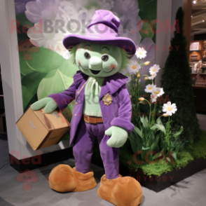 Lavender Leprechaun mascot costume character dressed with a Corduroy Pants and Coin purses