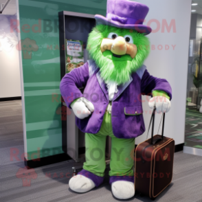 Lavender Leprechaun mascot costume character dressed with a Corduroy Pants and Coin purses