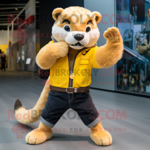 Yellow Marten mascot costume character dressed with a Bootcut Jeans and Gloves
