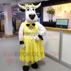 Lemon Yellow Holstein Cow mascot costume character dressed with a Pleated Skirt and Tie pins