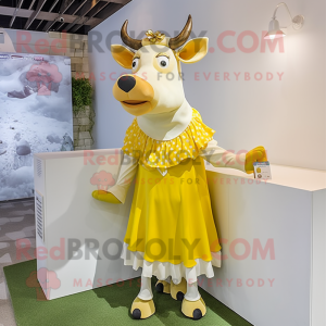 Lemon Yellow Holstein Cow mascot costume character dressed with a Pleated Skirt and Tie pins