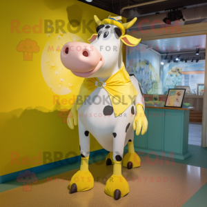 Lemon Yellow Holstein Cow mascot costume character dressed with a Pleated Skirt and Tie pins