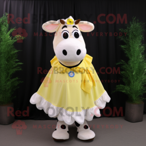 Lemon Yellow Holstein Cow mascot costume character dressed with a Pleated Skirt and Tie pins