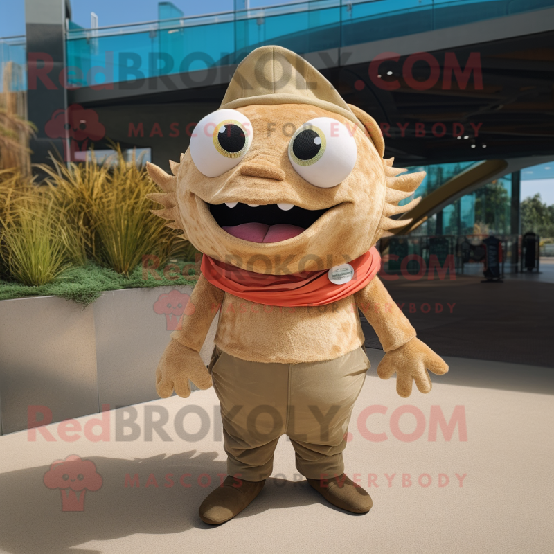 Tan Fish Tacos mascot costume character dressed with a Corduroy Pants and Belts Tan Fish Tacos mascot costume character dressed with a Corduroy Pants and Belts