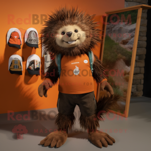 Rust Porcupine mascot costume character dressed with a T-Shirt and Foot pads