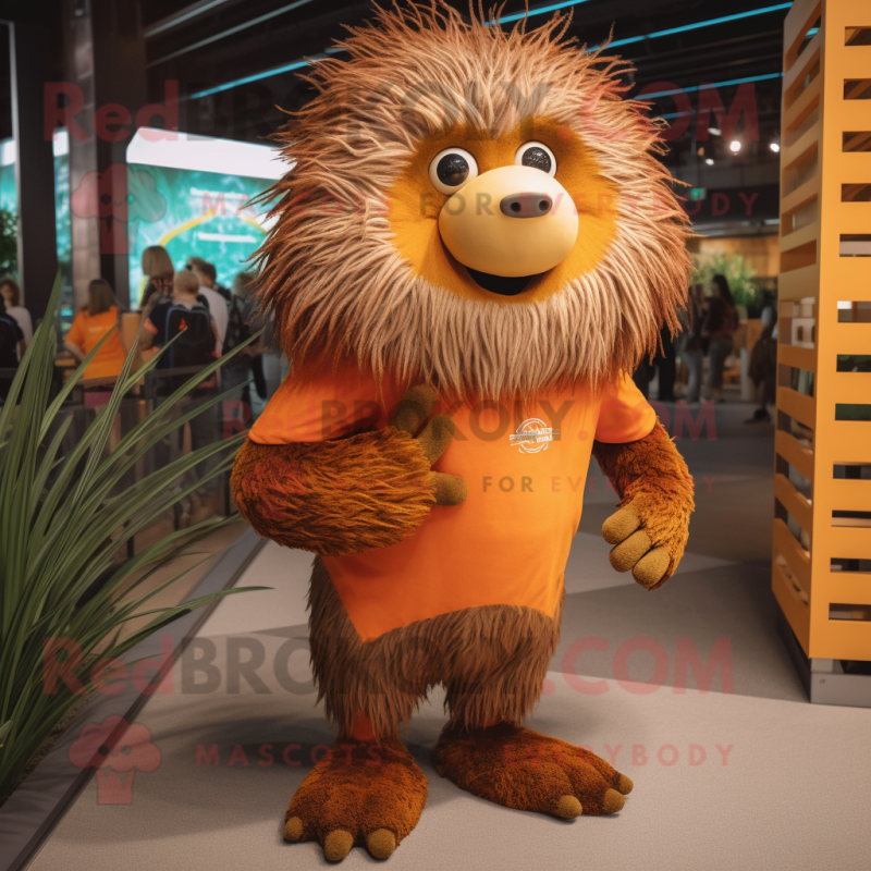 Rust Porcupine mascot costume character dressed with a T-Shirt and Foot pads