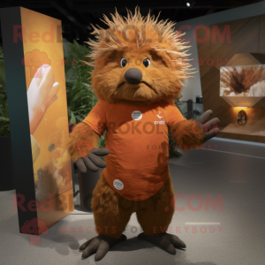 Rust Porcupine mascot costume character dressed with a T-Shirt and Foot pads