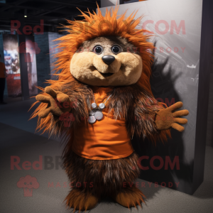Rust Porcupine mascot costume character dressed with a T-Shirt and Foot pads