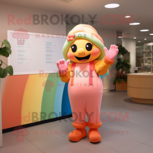 Peach Rainbow mascot costume character dressed with a Jumpsuit and Gloves