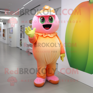Peach Rainbow mascot costume character dressed with a Jumpsuit and Gloves