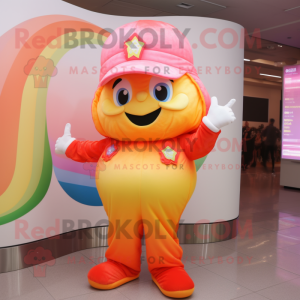 Peach Rainbow mascot costume character dressed with a Jumpsuit and Gloves