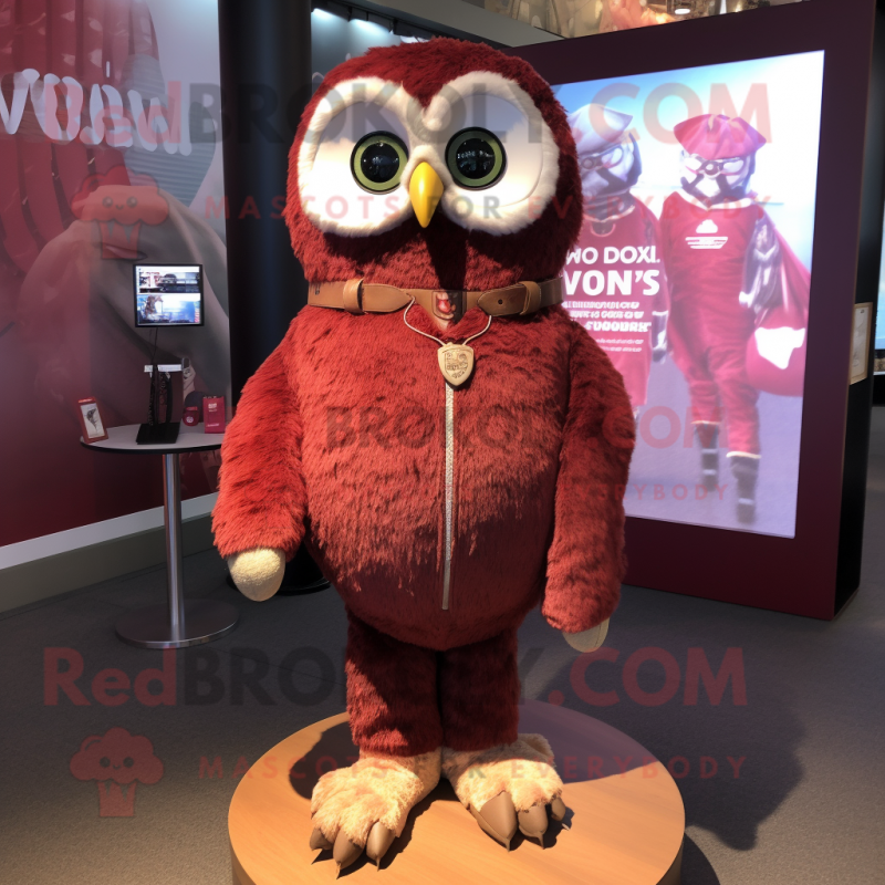 Maroon Owl mascot costume character dressed with a Henley Shirt and Hairpins