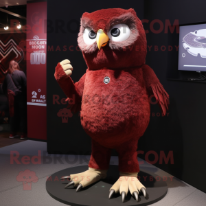 Maroon Owl mascot costume character dressed with a Henley Shirt and Hairpins