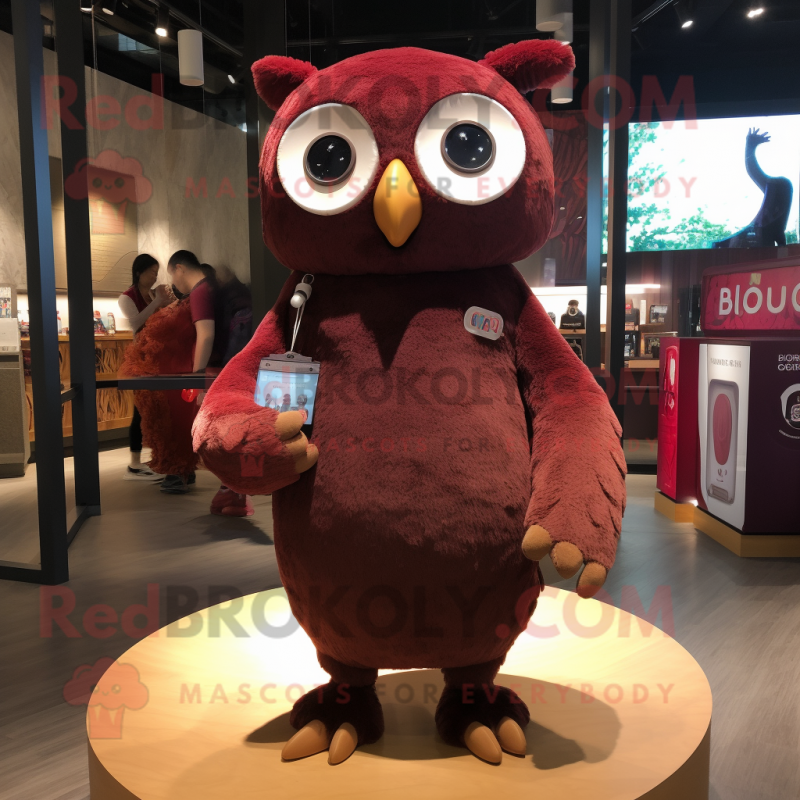 Maroon Owl mascot costume character dressed with a Henley Shirt and Hairpins