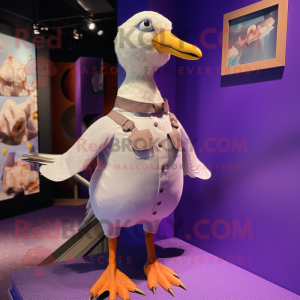 Purple Seagull mascot costume character dressed with a Playsuit and Suspenders