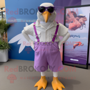 Purple Seagull mascot costume character dressed with a Playsuit and Suspenders