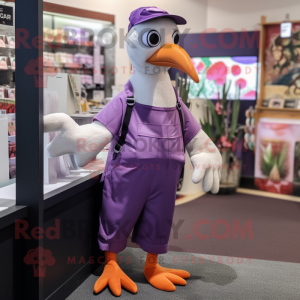 Purple Seagull mascot costume character dressed with a Playsuit and Suspenders