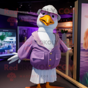 Purple Seagull mascot costume character dressed with a Playsuit and Suspenders