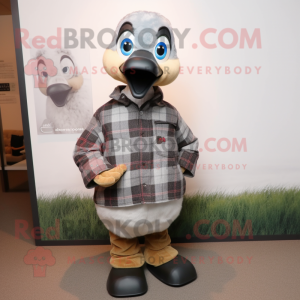 Gray Gosling mascot costume character dressed with a Flannel Shirt and Clutch bags