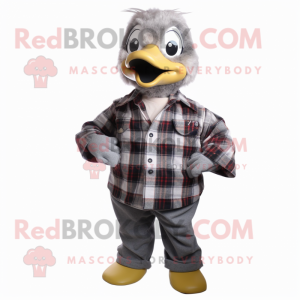 Gray Gosling mascot costume character dressed with a Flannel Shirt and Clutch bags