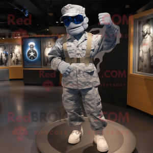 Silver American Soldier mascot costume character dressed with a Denim Shorts and Rings