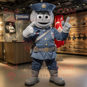 Silver American Soldier mascot costume character dressed with a Denim Shorts and Rings