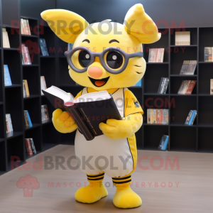Yellow Bat mascot costume character dressed with a Baseball Tee and Reading glasses