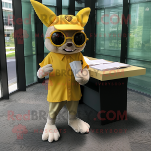 Yellow Bat mascot costume character dressed with a Baseball Tee and Reading glasses