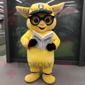 Yellow Bat mascot costume character dressed with a Baseball Tee and Reading glasses