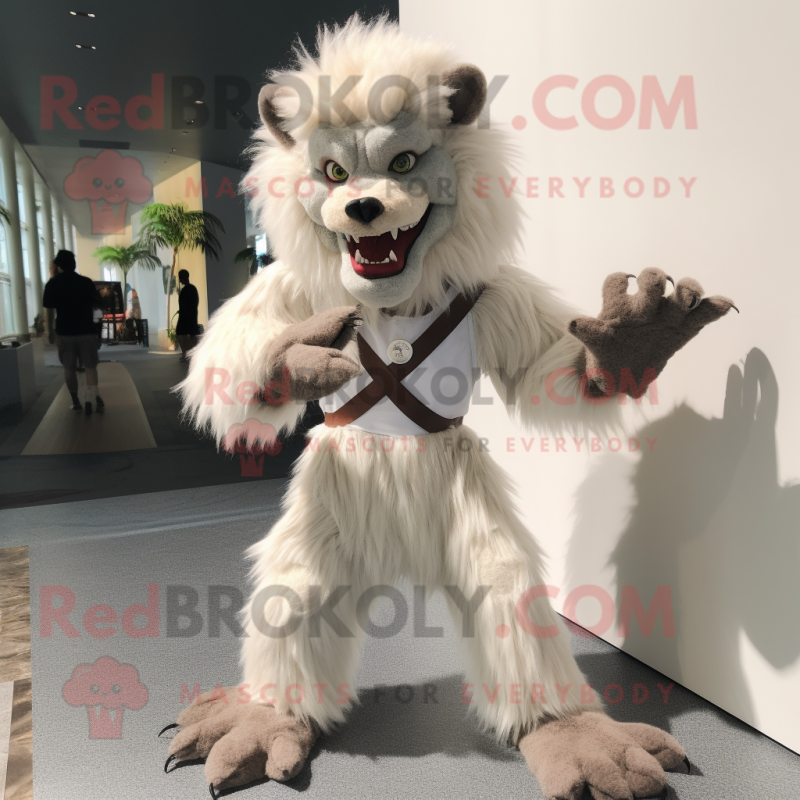 White Werewolf mascot costume character dressed with a Corduroy Pants and Hair clips