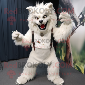 White Werewolf mascot costume character dressed with a Corduroy Pants and Hair clips