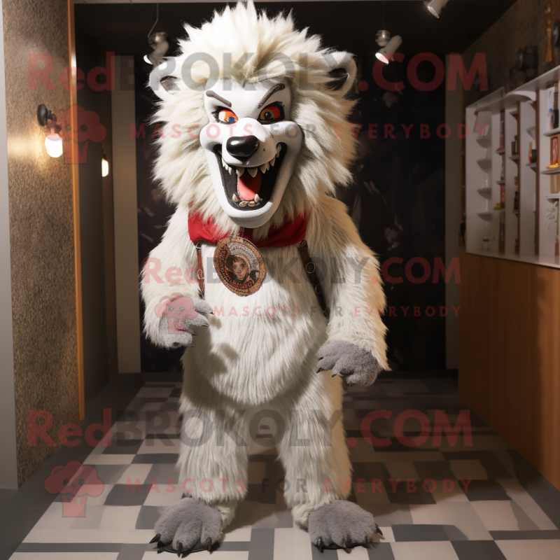 White Werewolf mascot costume character dressed with a Corduroy Pants and Hair clips White Werewolf mascot costume character dressed with a Corduroy Pants and Hair clips