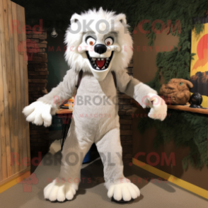 White Werewolf mascot costume character dressed with a Corduroy Pants and Hair clips