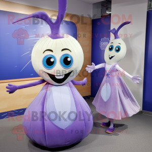 Lavender Onion mascot costume character dressed with a Skirt and Tie pins