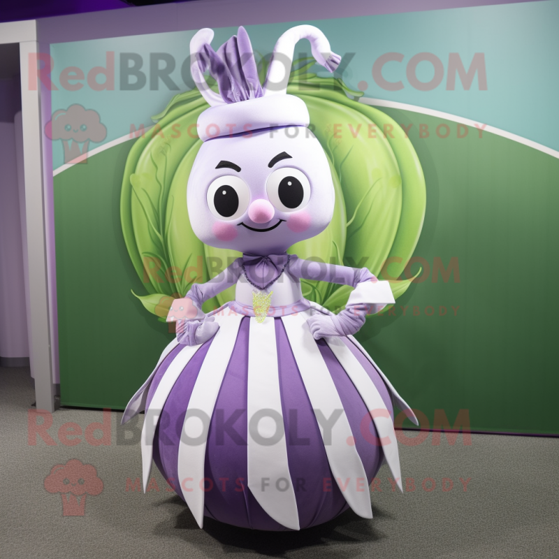 Lavender Onion mascot costume character dressed with a Skirt and Tie pins