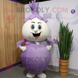 Lavender Onion mascot costume character dressed with a Skirt and Tie pins
