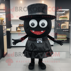 Black Burgers mascot costume character dressed with a Mini Skirt and Hats