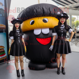 Black Burgers mascot costume character dressed with a Mini Skirt and Hats