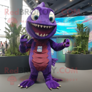 Purple Barracuda mascot costume character dressed with a Bodysuit and Tie pins