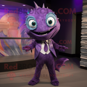 Purple Barracuda mascot costume character dressed with a Bodysuit and Tie pins