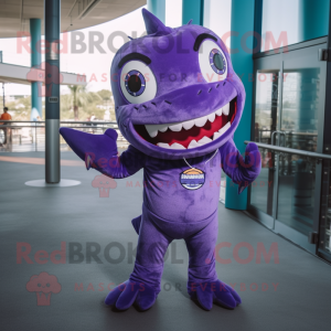 Purple Barracuda mascot costume character dressed with a Bodysuit and Tie pins
