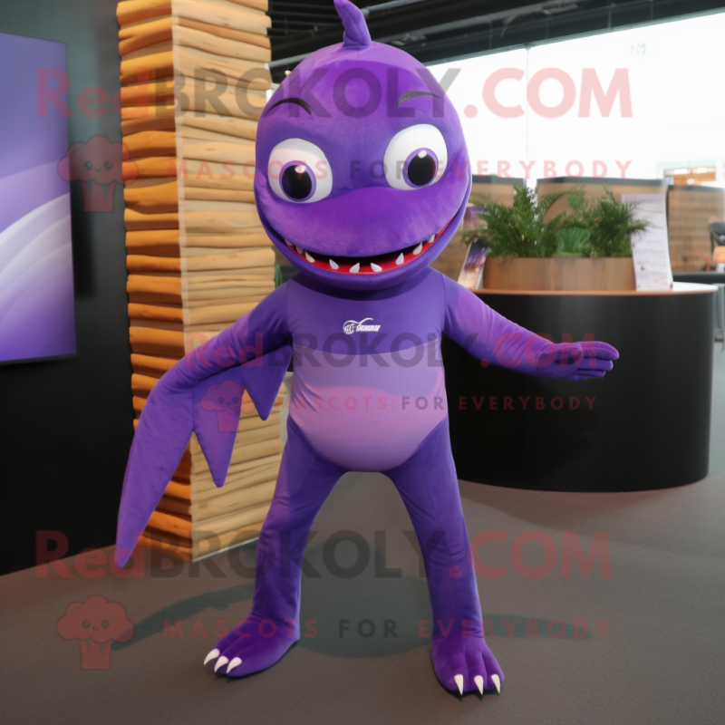 Purple Barracuda mascot costume character dressed with a Bodysuit and Tie pins